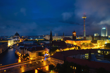 Fototapeta na wymiar Illuminated landmarks in Berlin, Germany in the morning