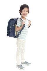 Portrait of Asian schoolboy with backpack  isolated on white