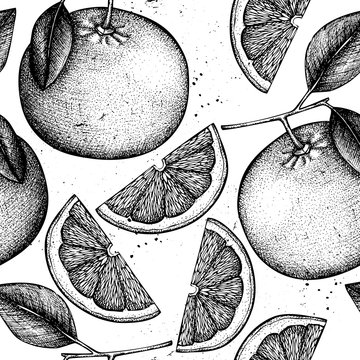 Vector seamless pattern with ink hand drawn citrus fruit, flowers, slice and leaves sketch. Vintage background with grapefruit plants.