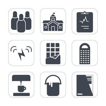 Premium fill icons set on white background . Such as building, cone, sun, bar, leisure, house, bank, grater, cooking, ecology, energy, solar, dessert, machine, cheese, medical, government, health
