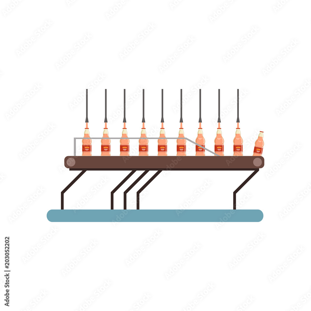 Sticker juice bottled on a conveyor line, juice production process stage vector illustration on a white back