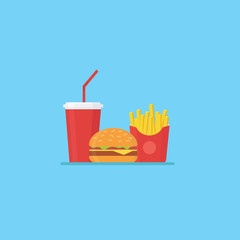 Junk food, fast food, hamburger french fries and soda