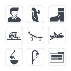 Premium fill icons set on white background . Such as flight, toy, boy, animal, boot, man, airplane, hygiene, young, penguin, leather, web, white, journey, travel, clothing, vacation, fun, plane, soup - 203052450