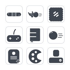 Premium fill icons set on white background . Such as competition, person, hospital, fun, human, game, post, pin, social, joystick, book, bowling, medicine, health, paper, hobby, postal, background