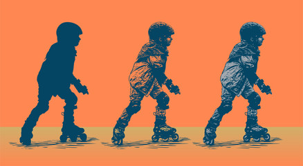 Fototapeta na wymiar Little boy on roller skates. Retro Engraving Linocut Style. Vector Illustration