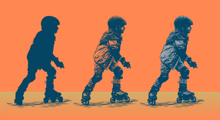 Little boy on roller skates. Retro Engraving Linocut Style. Vector Illustration