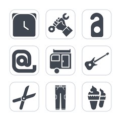 Premium fill icons set on white background . Such as travel, sweet, clock, foreman, guitar, music, food, site, cut, quiet, label, timer, hotel, envelope, white, fashion, work, male, gardening, hour