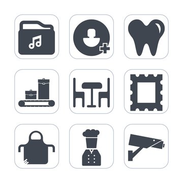Premium fill icons set on white background . Such as user, mouth, apron, security, surveillance, border, photo, video, care, safety, cook, person, account, frame, web, social, bag, restaurant, travel