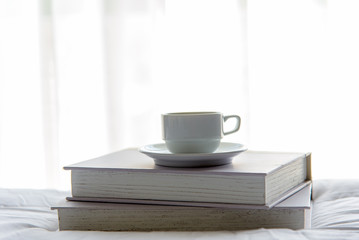 Early Work day. Cup coffee and book in morning with sun light.  Lifestyle Concept