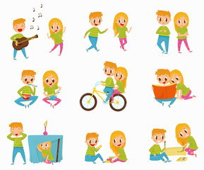 Flat vector set with little boy and girl in different actions. Riding bicycle, reading book, eating breakfast, playing hide-and-seek