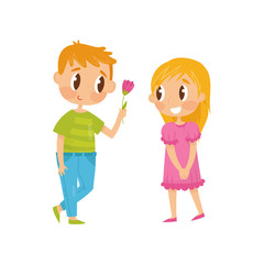 Lovely flat vector illustration of two little kids. Boy giving flower to girl. First love. Valentine s Day
