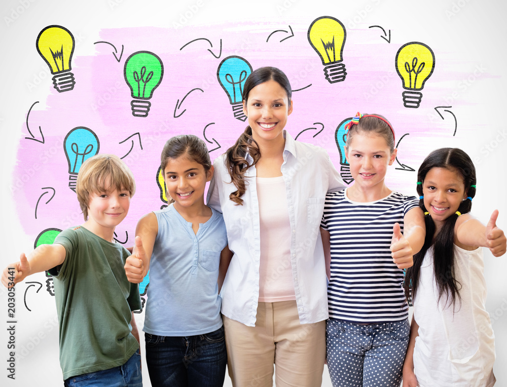 Poster cute pupils and teacher smiling at camera in computer class against white background with vignette