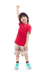 Asian child showing winner sign on white background isolated