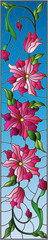 Illustration in stained glass style with flowers, leaves and buds of pink flowers on a sky background, symmetrical image, vertical orientation