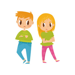 Two little kids, boy and girl with crossed arms and angry facial expressions. Brother and sister in quarrel. Flat vector design