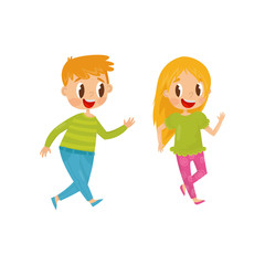 Cheerful children playing catch-up game. Happy childhood and friendship theme. Kids having fun together.Flat vector design