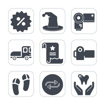 Premium fill icons set on white background . Such as percent, change, equipment, lens, truck, office, business, paper, concept, delivery, tag, substitute, transport, transportation, entertainment, fun