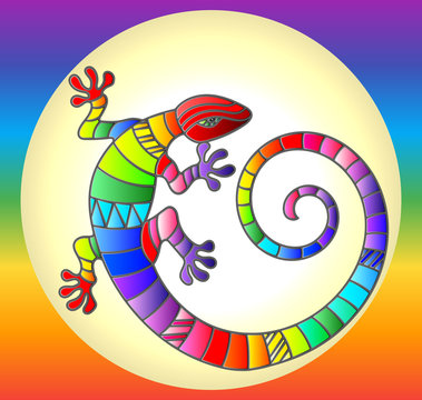 Illustration with abstract stained glass rainbow lizard on rainbow background