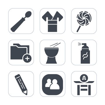 Premium fill icons set on white background . Such as pencil, sweet, costume, group, document, dinner, folder, social, abstract, spoon, data, asia, food, music, percussion, business, kitchen, stick