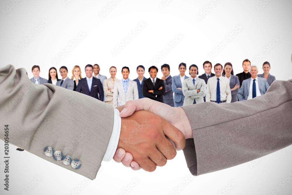 Aufkleber side view of shaking hands against white background with vignette