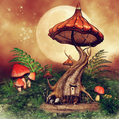 Domek z drzewa na łące z kolorowymi grzybami © Obsidian Fantasy
