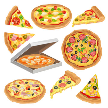 Flat vector set of round pizza, triangle slice and in cardboard box. Fast food theme. Element for promo poster, flyer or menu of pizzeria