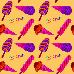  Ice Cream colorful variety with inscription, seamless pattern design, hand painted watercolor illustration, yellow background
Description