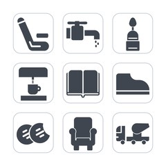 Premium fill icons set on white background . Such as sweet, library, cookie, cement, competitive, literature, machine, liquid, doughnut, champion, championship, water, team, mixer, snack, faucet, book