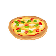 Cartoon icon of round Italian pizza with tomatoes, basil leaves and mozzarella cheese. Flat vector design for cafe or pizzeria menu