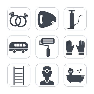Premium fill icons set on white background . Such as pump, glove, shower, travel, woman, speed, gas, jewelry, clinic, dental, musical, station, diamond, love, guitar, sign, romance, roll, dentist, oil