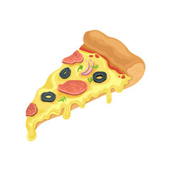Triangle slice of classic pizza with salami. Fast food theme. Cartoon style icon. Flat vector element for cafe or pizzeria menu