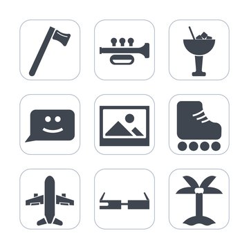 Premium fill icons set on white background . Such as skating, face, sound, nature, ice, modern, work, leisure, drink, tropical, airplane, musical, wrench, frame, cocktail, sport, instrument, chat, bar