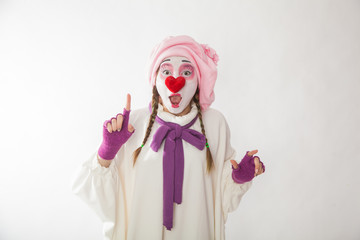 mime girl in a snowman costume. Man with emotions on a white background.