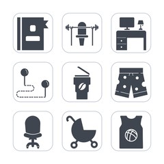 Premium fill icons set on white background . Such as contact, dumbbell, phone, point, map, carriage, fitness, interior, team, barbell, business, child, hot, desk, directory, comfortable, table, baby