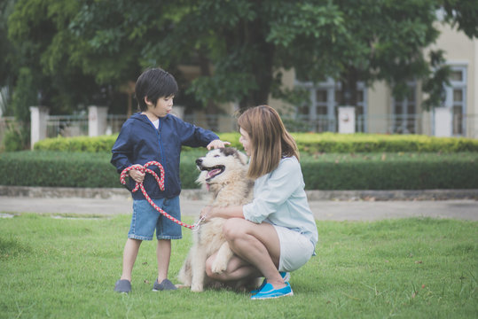 Asian mother and son playing with a siberian husky dog in the park