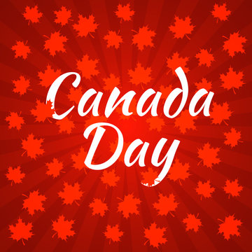 Canada Day. Dark red background, rays from the center, red maple leaves