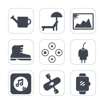 Premium fill icons set on white background . Such as play, water, kayak, cable, gardening, kayaking, style, power, frame, smart, object, music, relaxation, travel, river, equipment, screen, sunbed