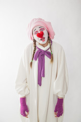mime girl in a snowman costume. Man with emotions on a white background.