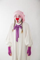 mime girl in a snowman costume. Man with emotions on a white background.