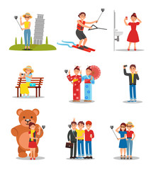 Set of people making selfies. Young men and women with smartphones and monopods. Colorful flat vector design