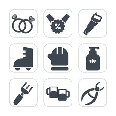 Premium fill icons set on white background . Such as season, price, jewelry, dentist, bottle, diamond, tag, bar, dentistry, drink, scarf, sign, hygiene, cold, gift, pub, saw, ring, love, dinner, sport