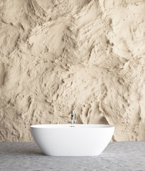 Bathroom interior with rock wall mock up background, 3D render