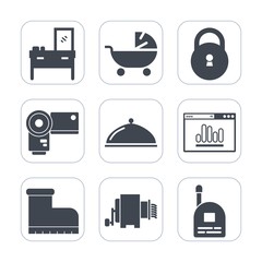 Premium fill icons set on white background . Such as footwear, child, kitchen, restaurant, lock, analytics, food, interior, fun, stroller, home, kid, security, business, boy, leather, photography, key
