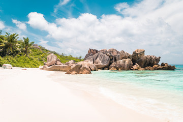 beach with rocks and palm trees at the tropical islands of the Seychelles