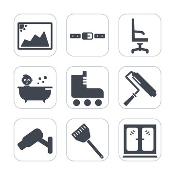 Premium fill icons set on white background . Such as cooking, car, kitchen, cabinet, security, blank, home, belt, shower, buckle, seat, furniture, leisure, brush, photography, baby, bath, paper, photo