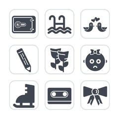 Premium fill icons set on white background . Such as pool, cassette, nature, blossom, suit, bow, money, dove, retro, flower, child, floral, ice, audio, sport, winter, heart, tape, animal, music, swim