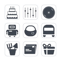 Premium fill icons set on white background . Such as bus, transportation, disc, dessert, futuristic, sign, android, holiday, delicious, transport, food, technology, pastry, bag, plastic, object, robot