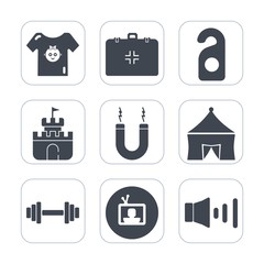 Premium fill icons set on white background . Such as technology, magnetic, gym, clothes, energy, screen, magnet, background, kid, speaker, sign, equipment, television, motel, sound, hotel, boy, tent