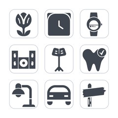 Premium fill icons set on white background . Such as flower, sound, home, vehicle, speed, gadget, nature, health, orchestra, tv, technology, musical, hour, touch, dentist, watch, cinema, screen, pink