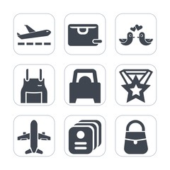 Premium fill icons set on white background . Such as medal, buy, heart, identity, bird, kitchen, uniform, bag, cook, vehicle, award, flight, business, apron, gift, wear, sign, pigeon, transportation,